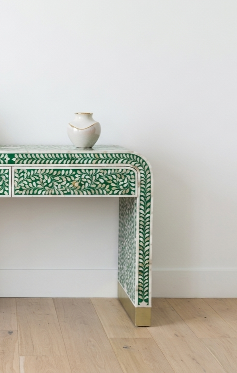 Handcrafted Green Mother of Pearl Inlay U Console Table with 2 Drawers – Floral Design Luxury Entryway & Hallway Furniture