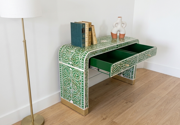 Handcrafted Green Mother of Pearl Inlay U Console Table with 2 Drawers – Floral Design Luxury Entryway & Hallway Furniture