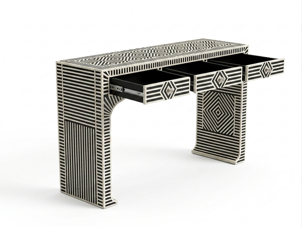 Handcrafted Black & White Bone Inlay 3 Drawer Console Table – Geometric Design