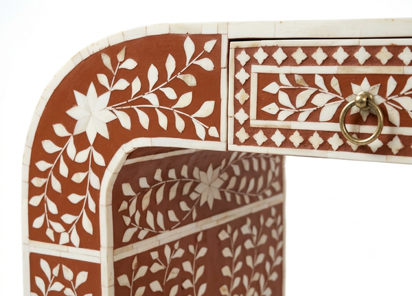 Handmade Bone Inlay Floral U-Shaped Console Table with 2 Drawers – Orange