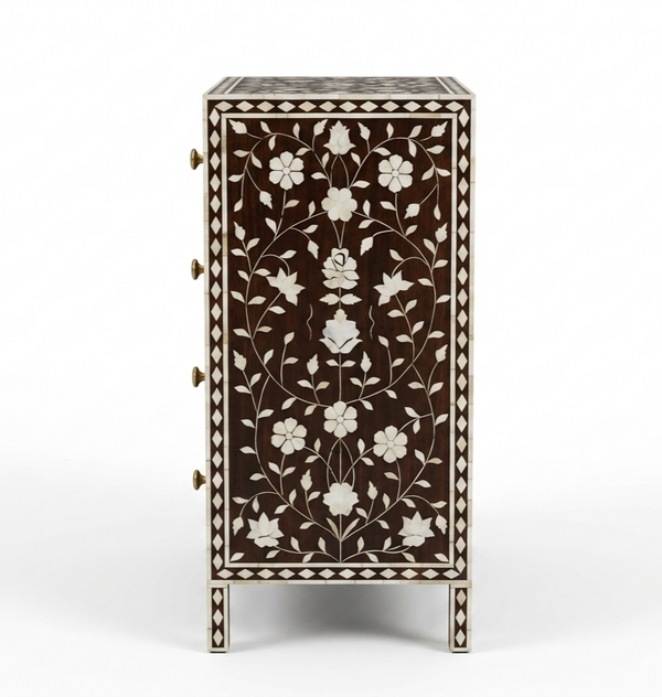 Brown Bone Inlay 4 Drawer Chest – Handcrafted Floral Dresser