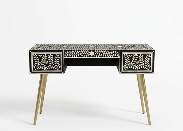 Black & White Bone Inlay 2 Drawer Work Desk – Handcrafted Writing Desk