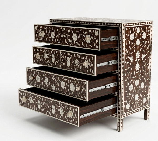 Brown Bone Inlay 4 Drawer Chest – Handcrafted Floral Dresser