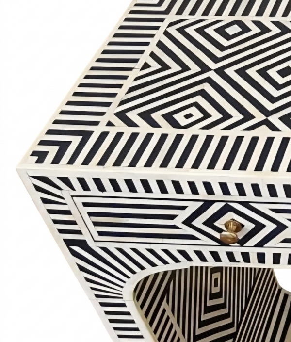 Handcrafted Black & White Bone Inlay 3 Drawer Console Table – Geometric Design