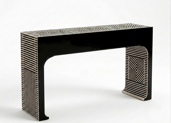 Handcrafted Black & White Bone Inlay 3 Drawer Console Table – Geometric Design