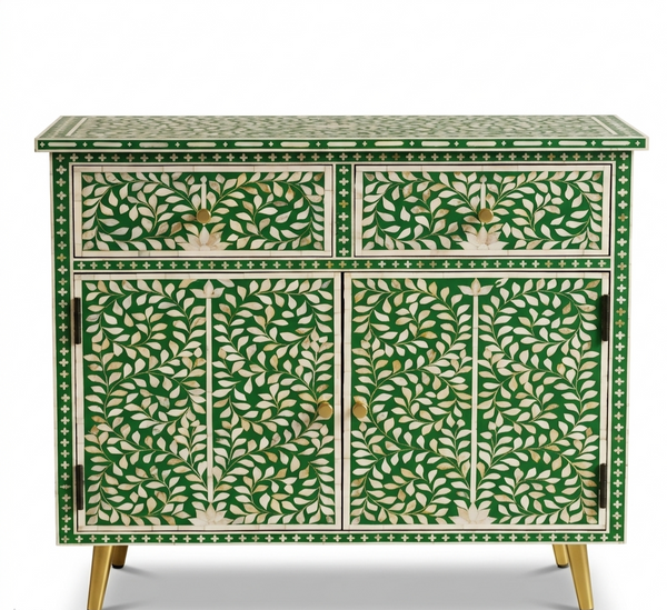 Handcrafted Green Mother of Pearl Inlay 2 Drawer 2 Door Buffet Cabinet