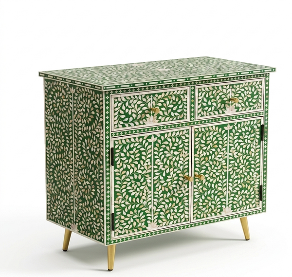 Handcrafted Green Mother of Pearl Inlay 2 Drawer 2 Door Buffet Cabinet