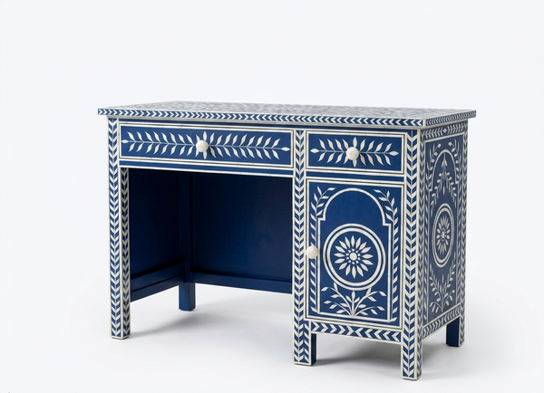 Blue Bone Inlay Work Desk – 2 Drawer 1 Door Floral Writing Desk