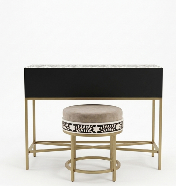 Handcrafted Black Bone Inlay 2 Drawer Console Table with Round Stool – Floral Design