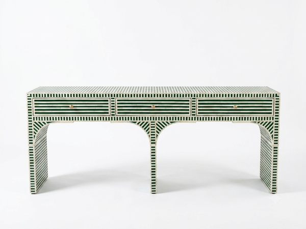Handcrafted Green Bone Inlay 3 Drawer Console Table – Striped Entryway Table