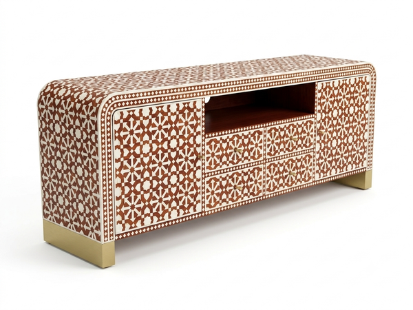 Handcrafted Orange Bone Inlay TV Unit – 2 Door 4 Drawer Media Cabinet with Shelf