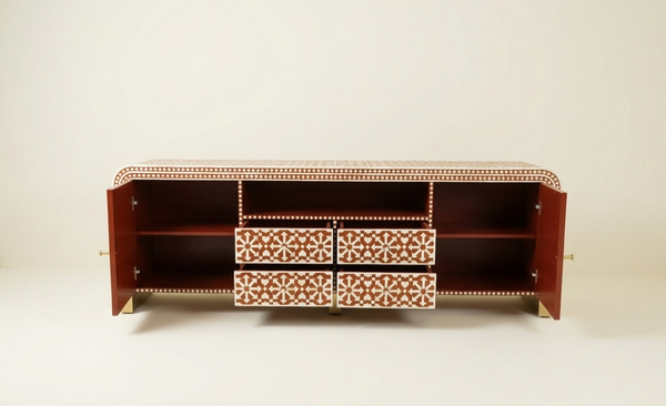 Handcrafted Orange Bone Inlay TV Unit – 2 Door 4 Drawer Media Cabinet with Shelf