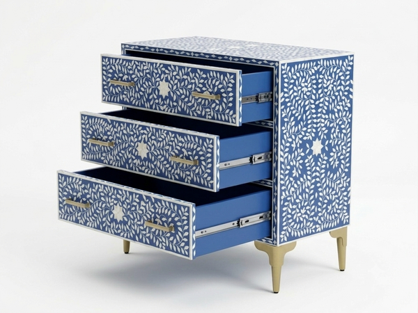 Handcrafted Bone Inlay 3 Drawer Chest – Blue & White Floral Design