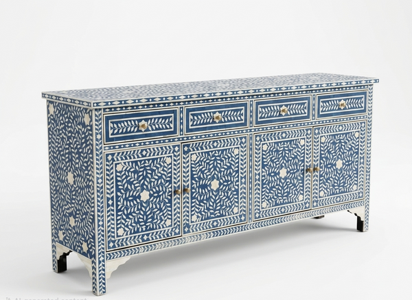 Handcrafted Blue Bone Inlay 4 Drawer 4 Door Buffet Cabinet – Floral Sideboard