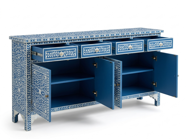 Handcrafted Blue Bone Inlay 4 Drawer 4 Door Buffet Cabinet – Floral Sideboard