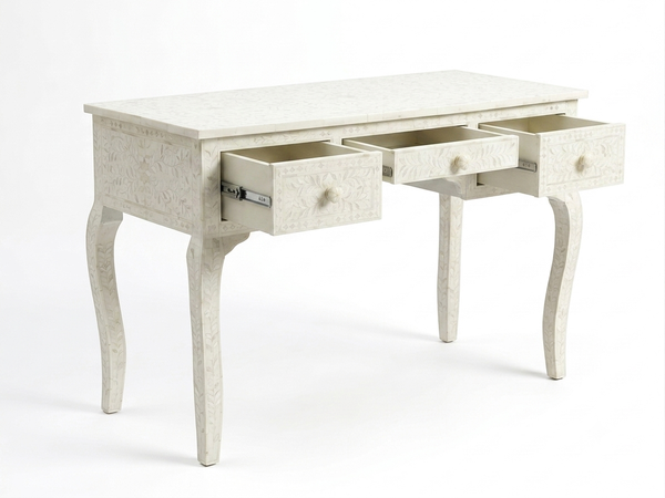 Handcrafted White Bone Inlay Floral 3 Drawer Console Table