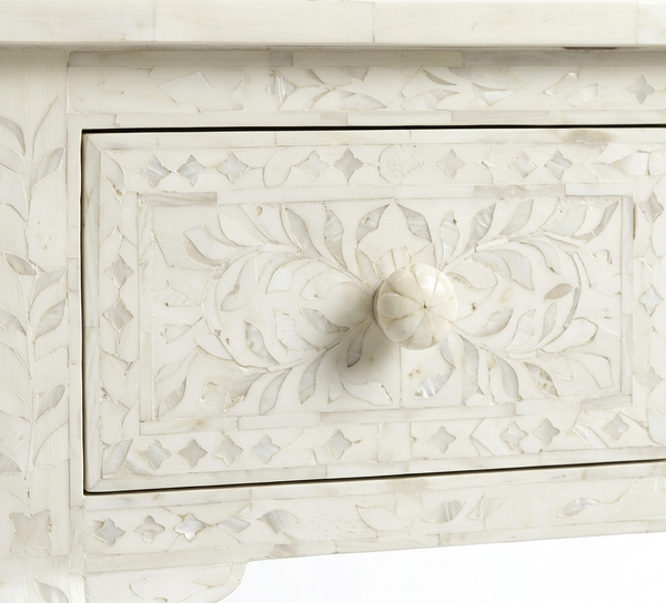 Handcrafted White Bone Inlay Floral 3 Drawer Console Table