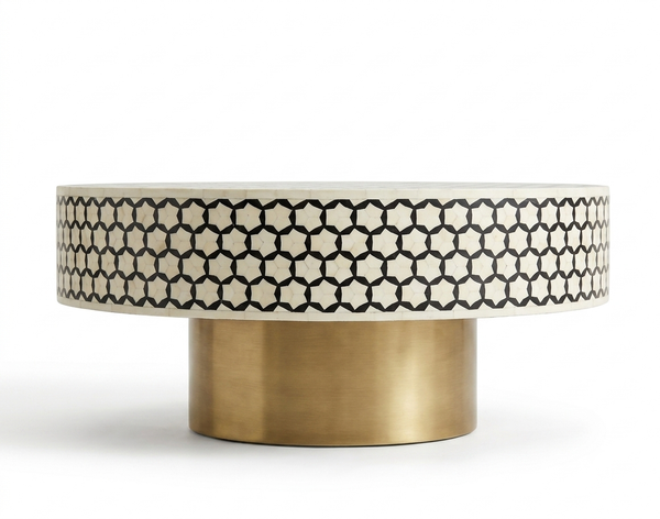 Handcrafted Bone Inlay Round Coffee Table – Black Targo Design with Brass Base