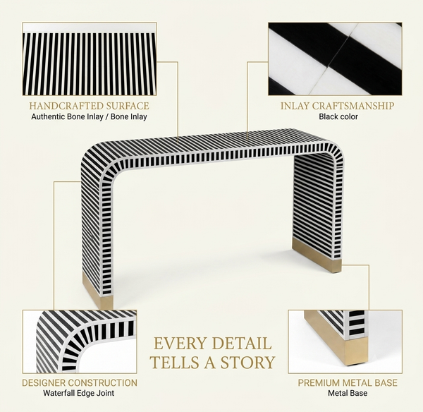 Handmade Bone Inlay U-Shaped Console Table – Black & White Striped Entryway Table