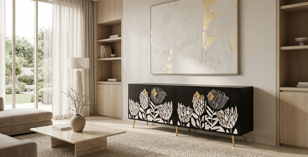 Handcrafted Mother of Pearl Inlay 4 Door TV Unit Media Cabinet – Black Floral Design