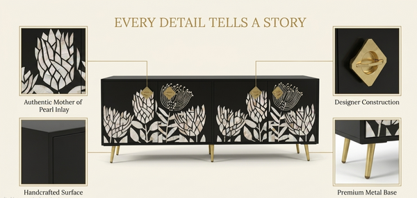 Handcrafted Mother of Pearl Inlay 4 Door TV Unit Media Cabinet – Black Floral Design