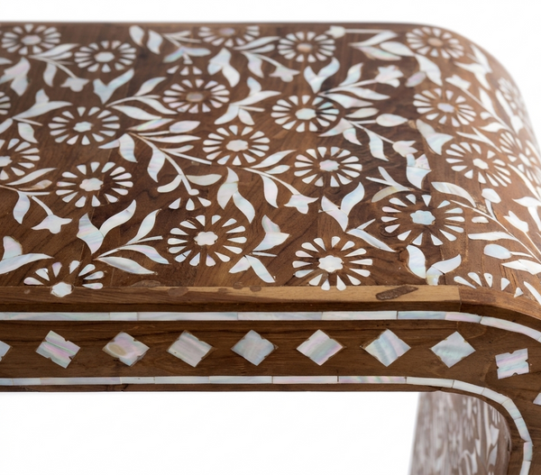 Handcrafted Teak Wood & Mother of Pearl Inlay U-Shape Console Table