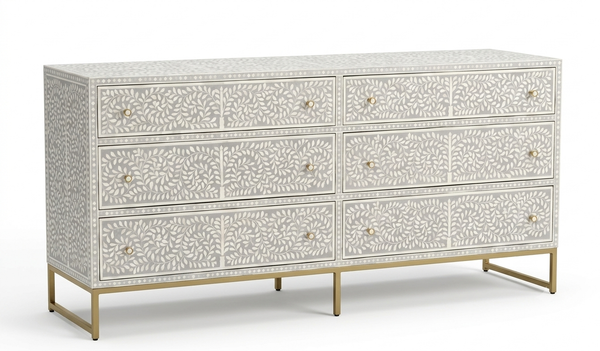 Handcrafted Bone Inlay 6 Drawer Chest – Grey & White Floral Design