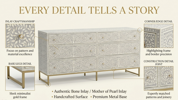 Handcrafted Bone Inlay 6 Drawer Chest – Grey & White Floral Design