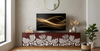 Handcrafted Mother of Pearl Inlay Brown 5 Door TV Unit – Luxury Floral Design Media Console Cabinet with Brass Stand for Living Room