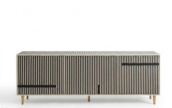 Handmade Bone Inlay 3 Door TV Unit Media Cabinet – Black & White