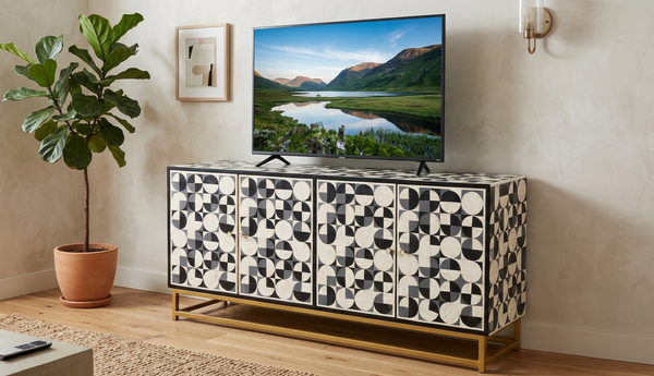 Handmade Bone Inlay 4 Door TV Unit Media Cabinet – Black & White 3D Geometric Design