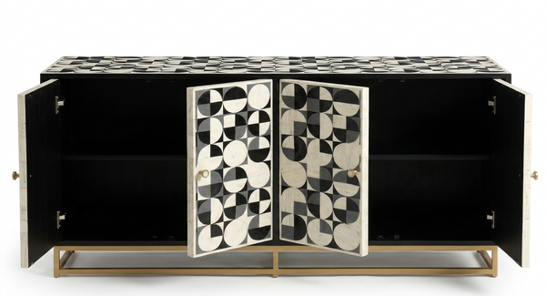 Handmade Bone Inlay 4 Door TV Unit Media Cabinet – Black & White 3D Geometric Design