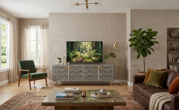Handcrafted Bone Inlay 4 Door TV Unit Media Cabinet – Black & White Optical Geometric Pattern