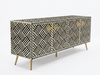 Handcrafted Bone Inlay 4 Door TV Unit Media Cabinet – Black & White Optical Geometric Pattern