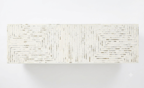 Handcrafted Mother of Pearl Inlay 3 Door TV Unit Media Cabinet – White Geometric Design