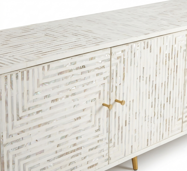 Handcrafted Mother of Pearl Inlay 3 Door TV Unit Media Cabinet – White Geometric Design
