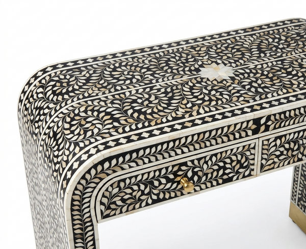 Handcrafted Black Mother of Pearl Inlay 2 Drawer Console Table – Floral Design