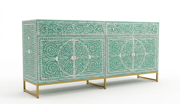 Mother of Pearl Inlay Buffet Cabinet – Sea Green, 2 Drawers & 4 Doors