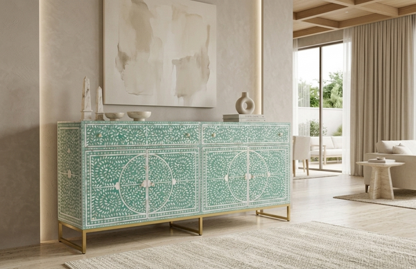 Mother of Pearl Inlay Buffet Cabinet – Sea Green, 2 Drawers & 4 Doors