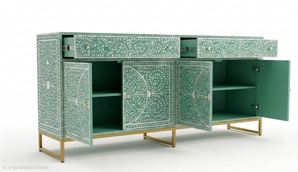 Mother of Pearl Inlay Buffet Cabinet – Sea Green, 2 Drawers & 4 Doors