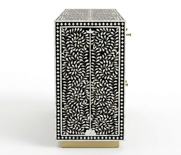 Handcrafted Mother of Pearl Inlay Bar Cabinet – Black, 2 Drawers & 4 Doors