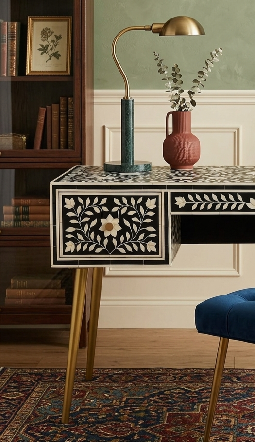 Handcrafted Black Bone Inlay Work Desk with 3 Drawers, Floral Design & Gold Legs – Luxury Wooden Writing Desk for Home Office