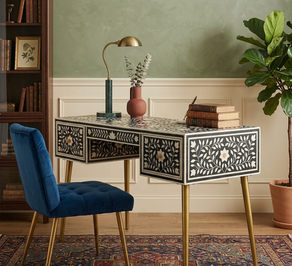 Handcrafted Black Bone Inlay Work Desk with 3 Drawers, Floral Design & Gold Legs – Luxury Wooden Writing Desk for Home Office