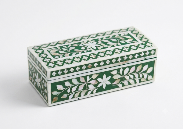 Handcrafted Mother of Pearl Inlay Jewelry Box – Green Floral Design