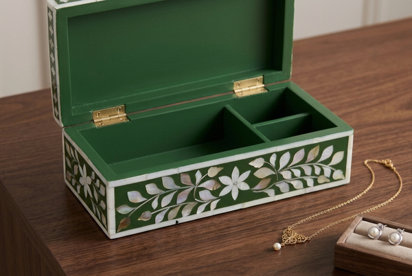 Handcrafted Mother of Pearl Inlay Jewelry Box – Green Floral Design