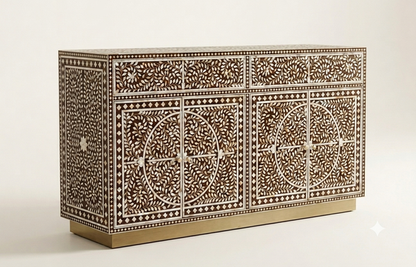 Handcrafted Mother of Pearl Inlay Buffet Cabinet – Brown, 2 Drawers & 4 Doors