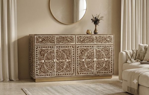 Handcrafted Mother of Pearl Inlay Buffet Cabinet – Brown, 2 Drawers & 4 Doors