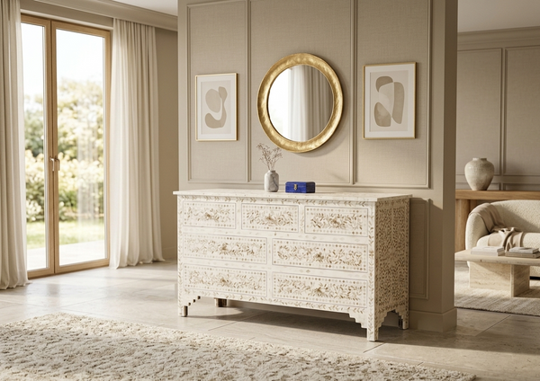 Handcrafted Mother of Pearl Inlay 7 Drawer Chest – White Floral Design
