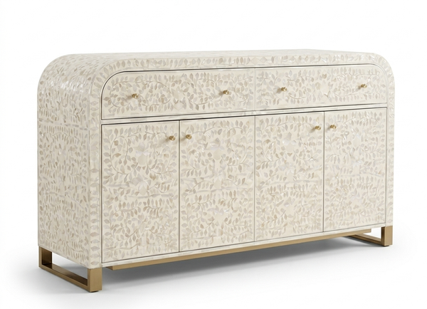 Handmade Mother of Pearl Inlay U-Shaped Buffet Cabinet – White, 2 Drawers & 4 Doors