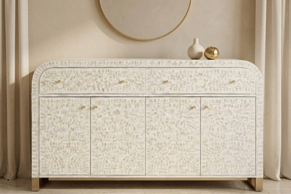 Handmade Mother of Pearl Inlay U-Shaped Buffet Cabinet – White, 2 Drawers & 4 Doors